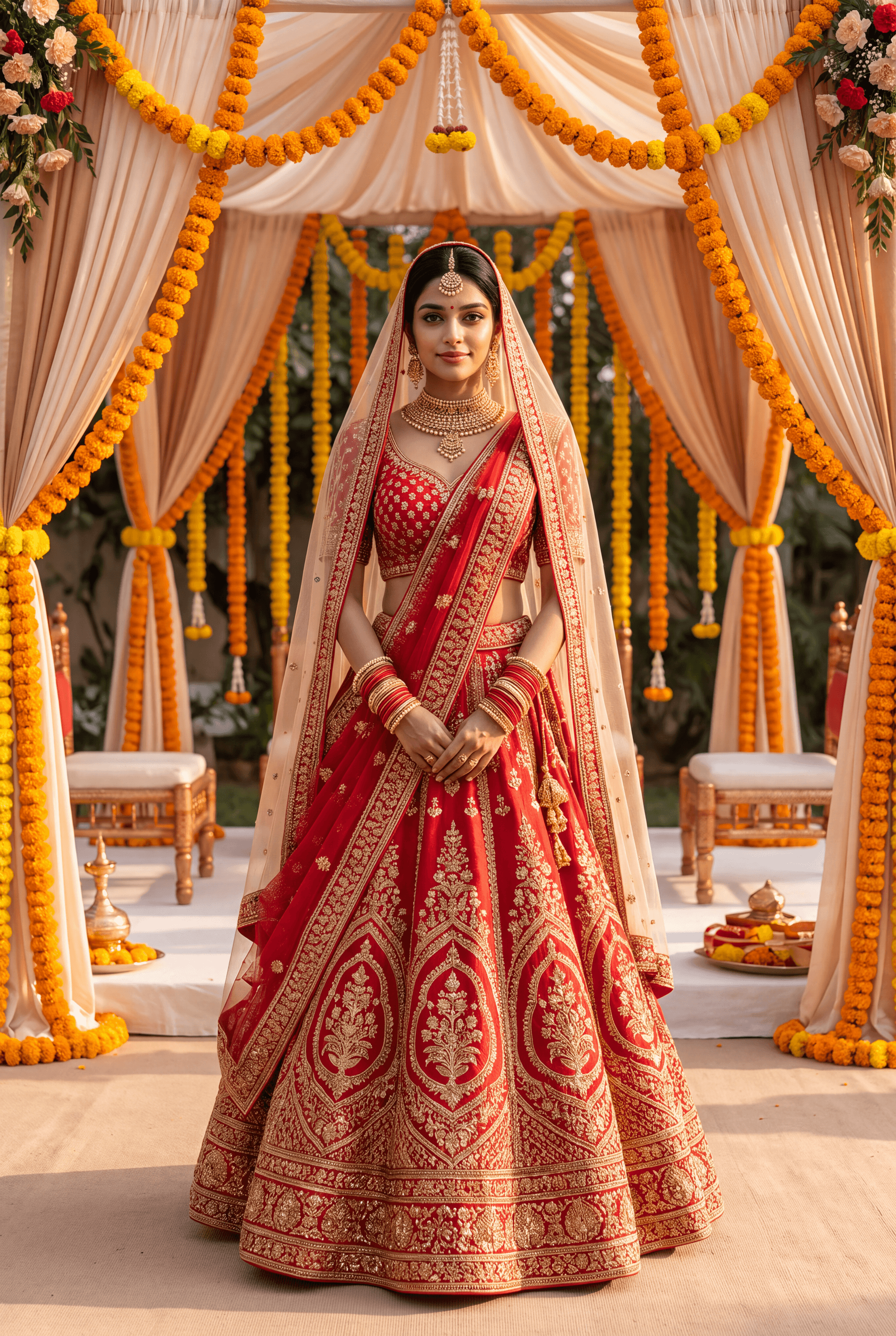 A bride in a red and gold lehenga at a marigold mandap in golden-hour light