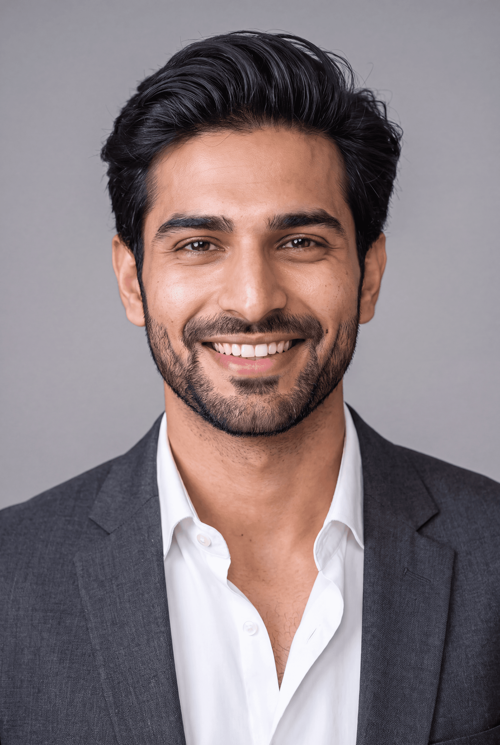A man in a tailored navy blazer over a crisp white shirt