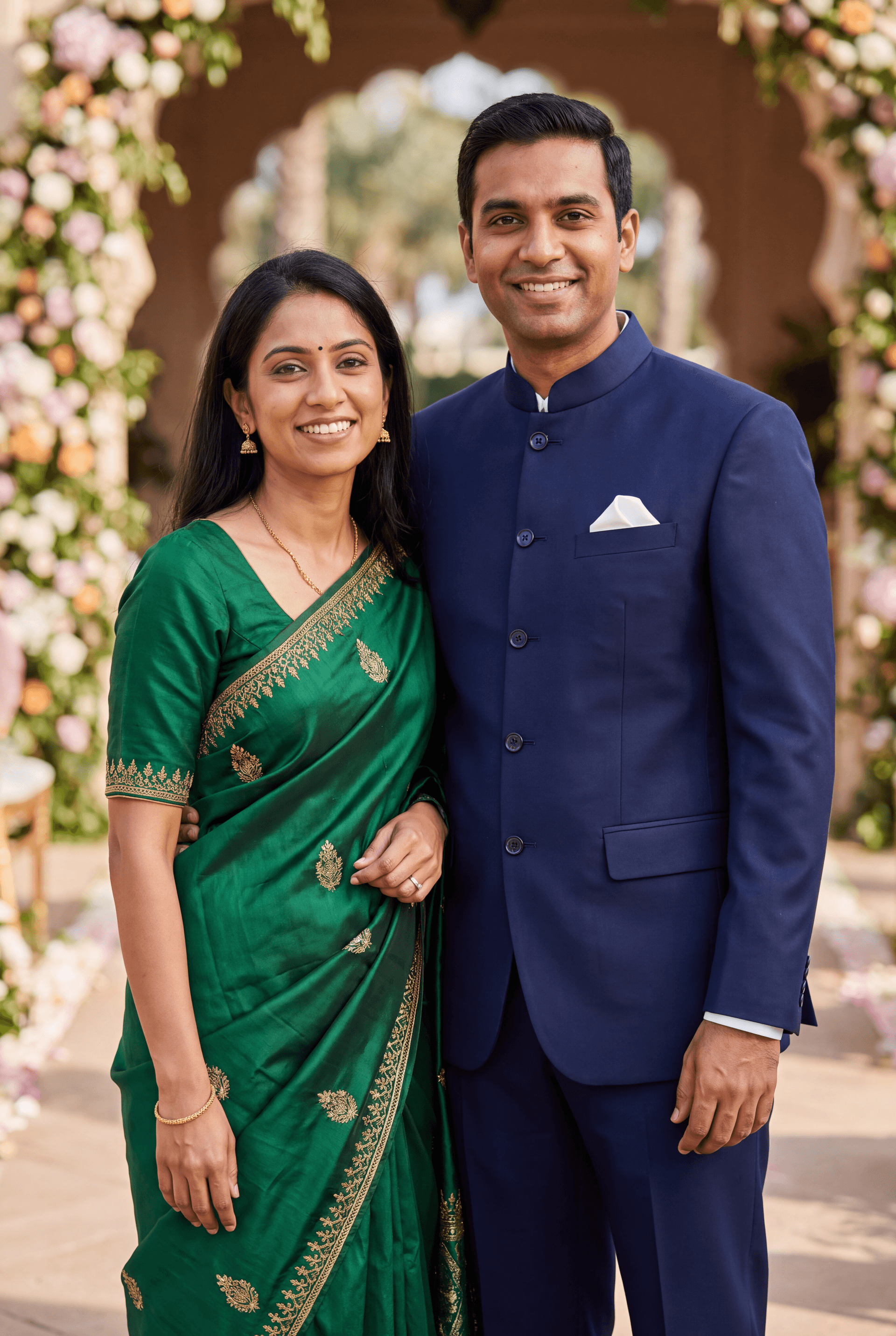 A wedding guest in an emerald silk saree with statement earrings