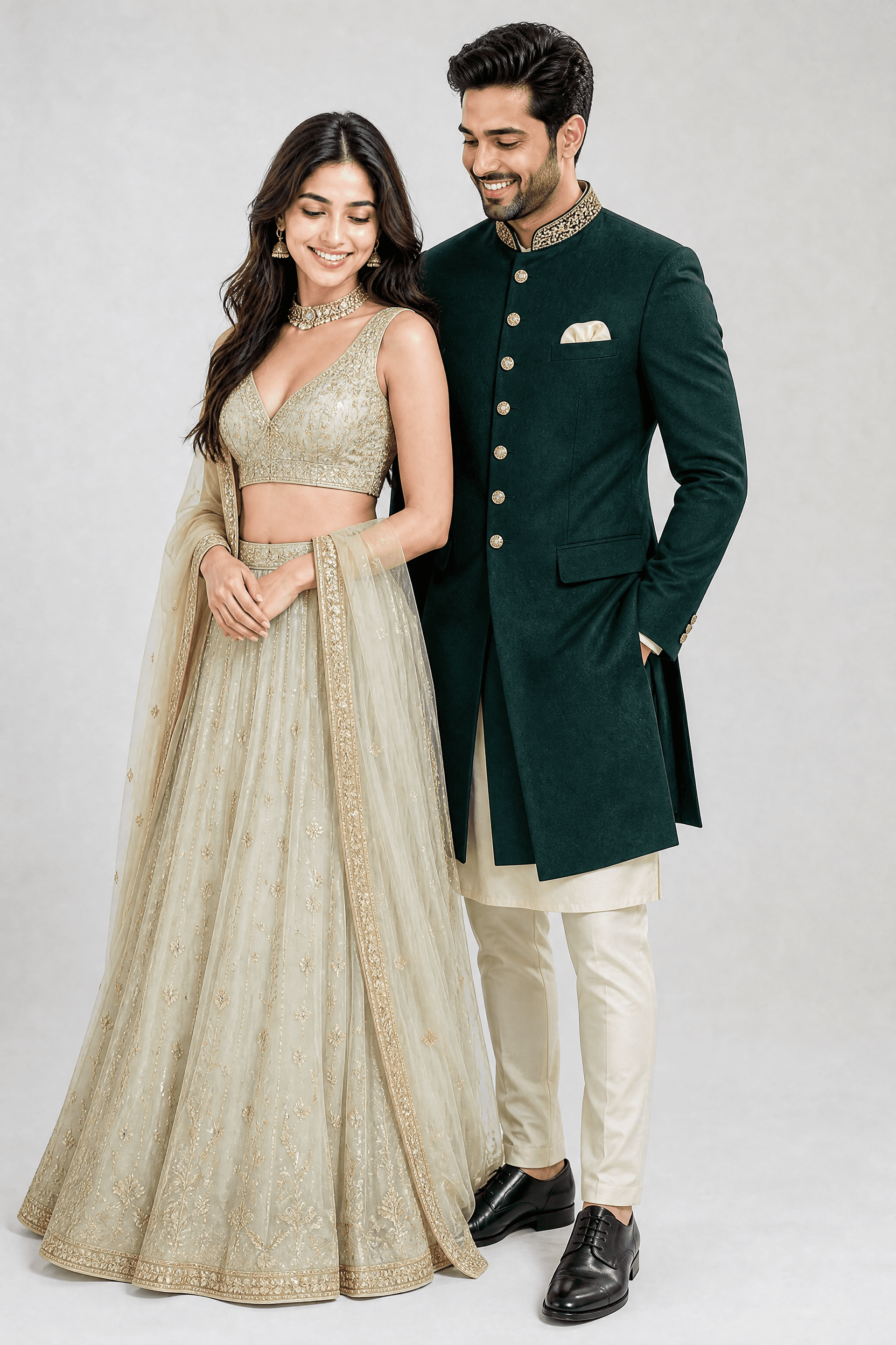 An emerald and ivory-gold saree