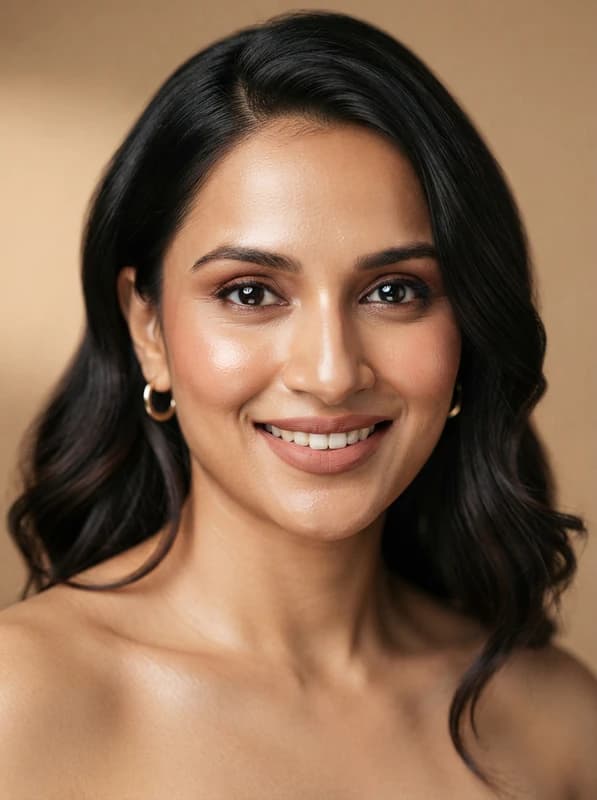 A close beauty portrait, styled hair and polished makeup